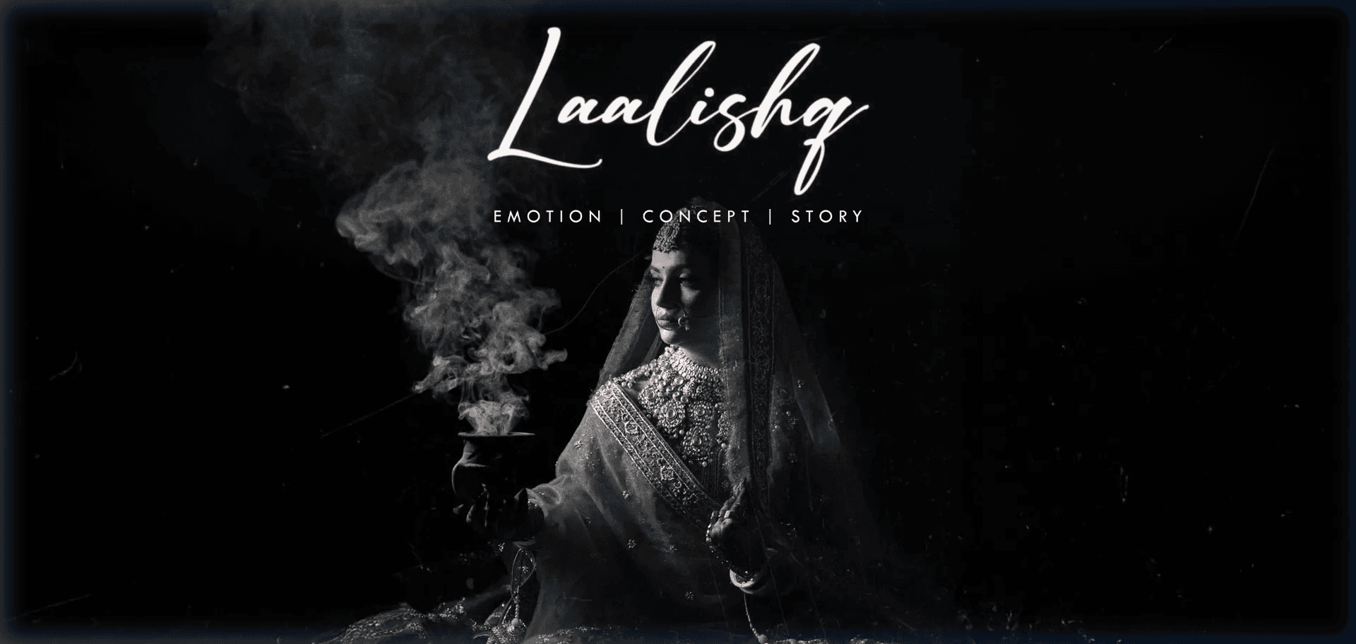 The Laal Ishq homepage: a dramatic black-and-white bridal portrait with elegant script typography.