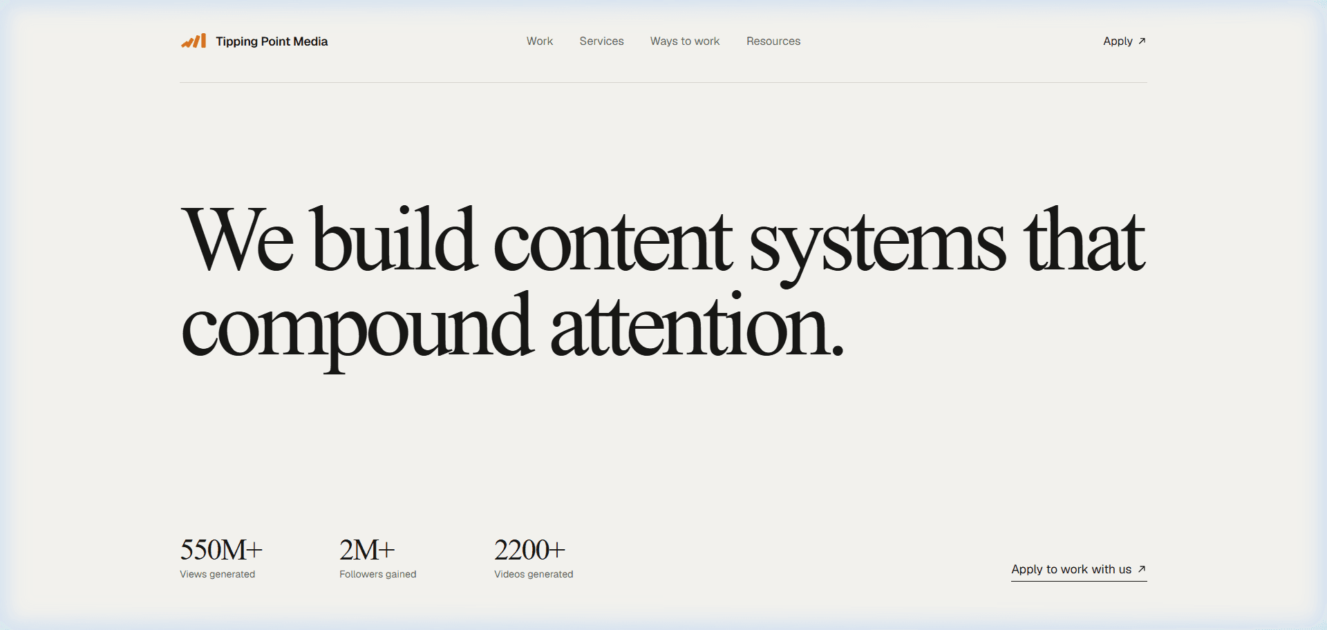The Tipping Point Media homepage: a clean editorial layout with bold serif typography and stats.